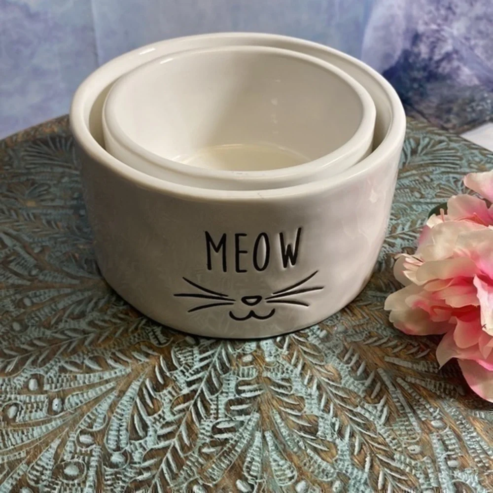 2-Mudpie Ceramic Cat Bowl MEOW Feeding Dish Off White Kitty Face